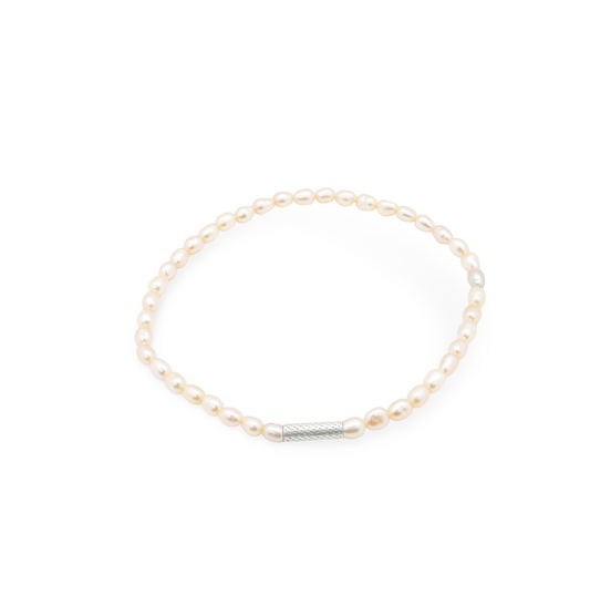 Bracelet Perles d'Eau Douce "Grain de Riz" et Perle Tubulaire Ciselée Argent