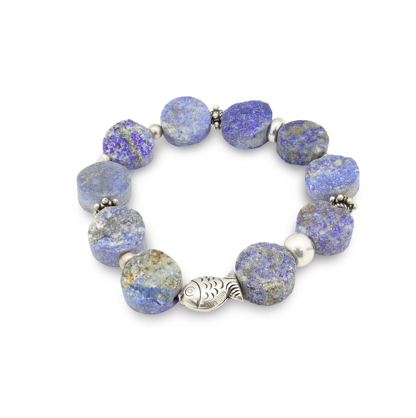 Bracelet en Lapis-Lazuli Brut, Perle Poisson et Perles Intercalaires Argent
