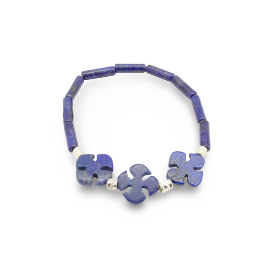 Bracelet en Lapis-Lazuli, Perles Tubulaires, Motifs "Croix" Stylisées et Perles Intercalaires Argent