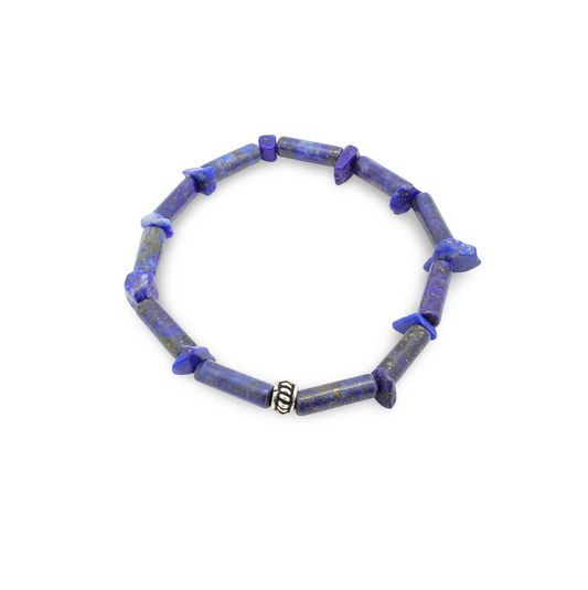 Bracelet en Lapis-Lazuli, Perles Tubulaires, Perles Baroques et Perle Striée Argent