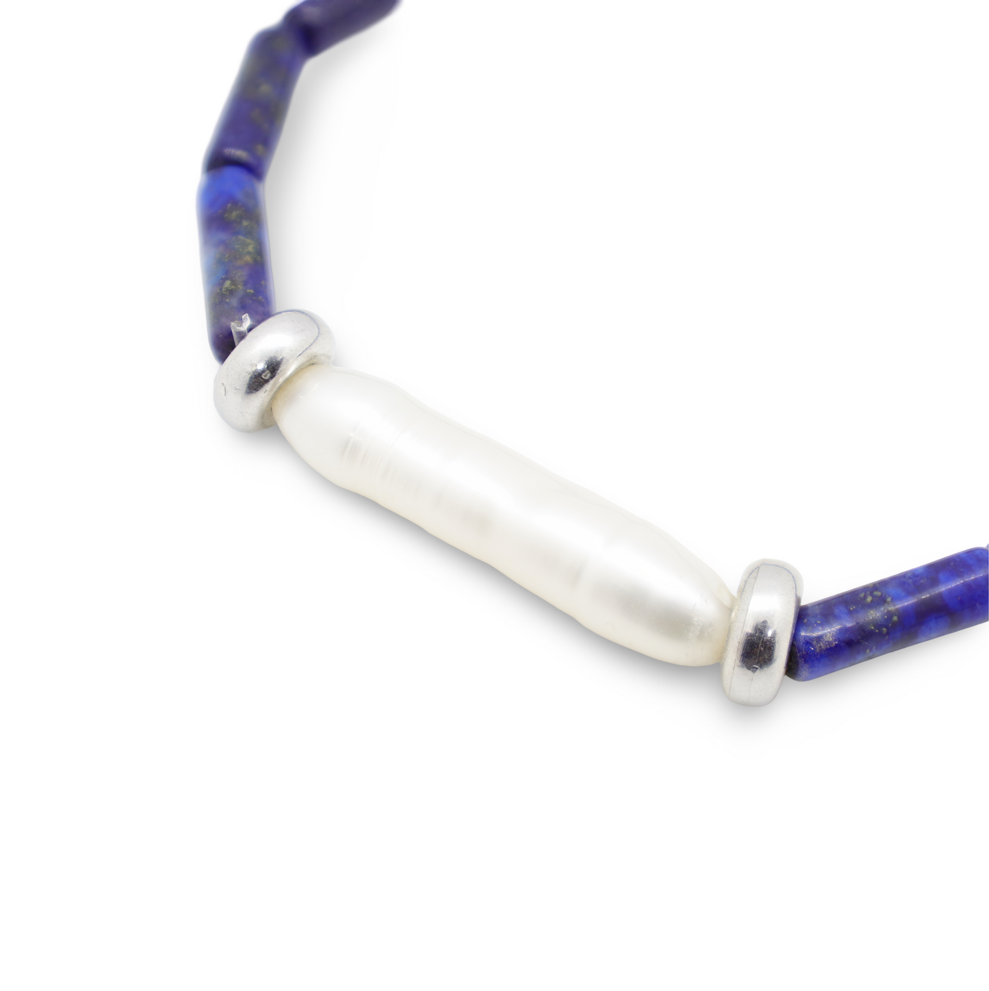 Bracelet en Lapis-Lazuli, Perles Tubulaires, Perle Baroque d'Eau Douce Allongée et Perles Intercalaires Argent