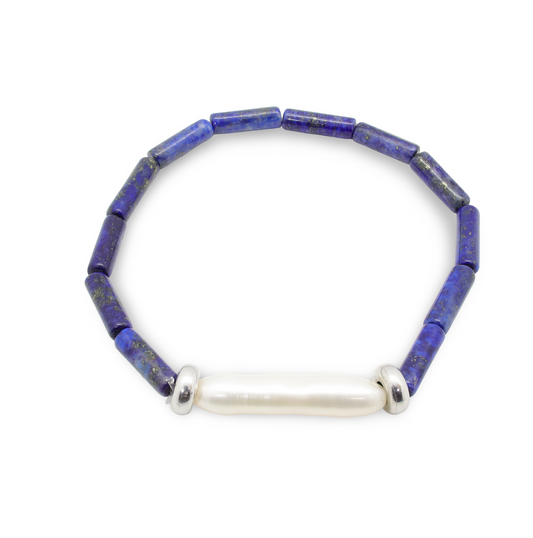 Bracelet en Lapis-Lazuli, Perles Tubulaires, Perle Baroque d'Eau Douce Allongée et Perles Intercalaires Argent