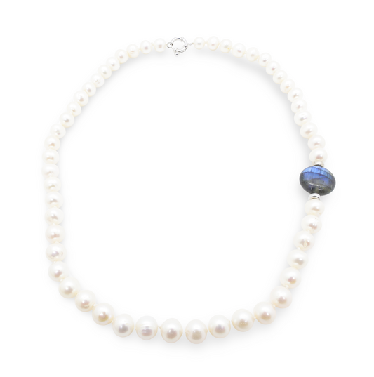 Collier Choker Perles Baroques d’Eau Douce Blanches, Perle en Labradorite et Perles Intercalaires Argent