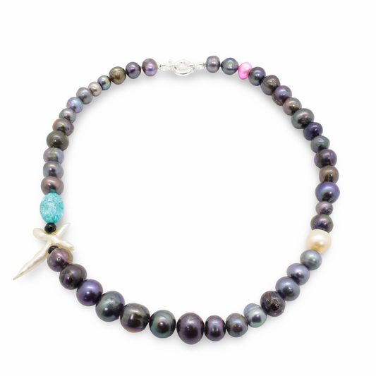Collier Perles Baroques d'Eau Douce Noires, Perles en Pâte de Verre, Croix et Fermoir Argent