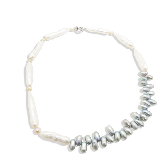 Collier Perles Baroques d'Eau Douce Allongées Blanches et Perles en Quinconce Grises
