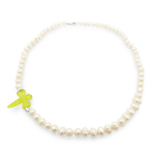 Collier Perles Baroques d’Eau Douce Blanches, Agate "Libellule" Jaune et  Perles Intercalaires Argent