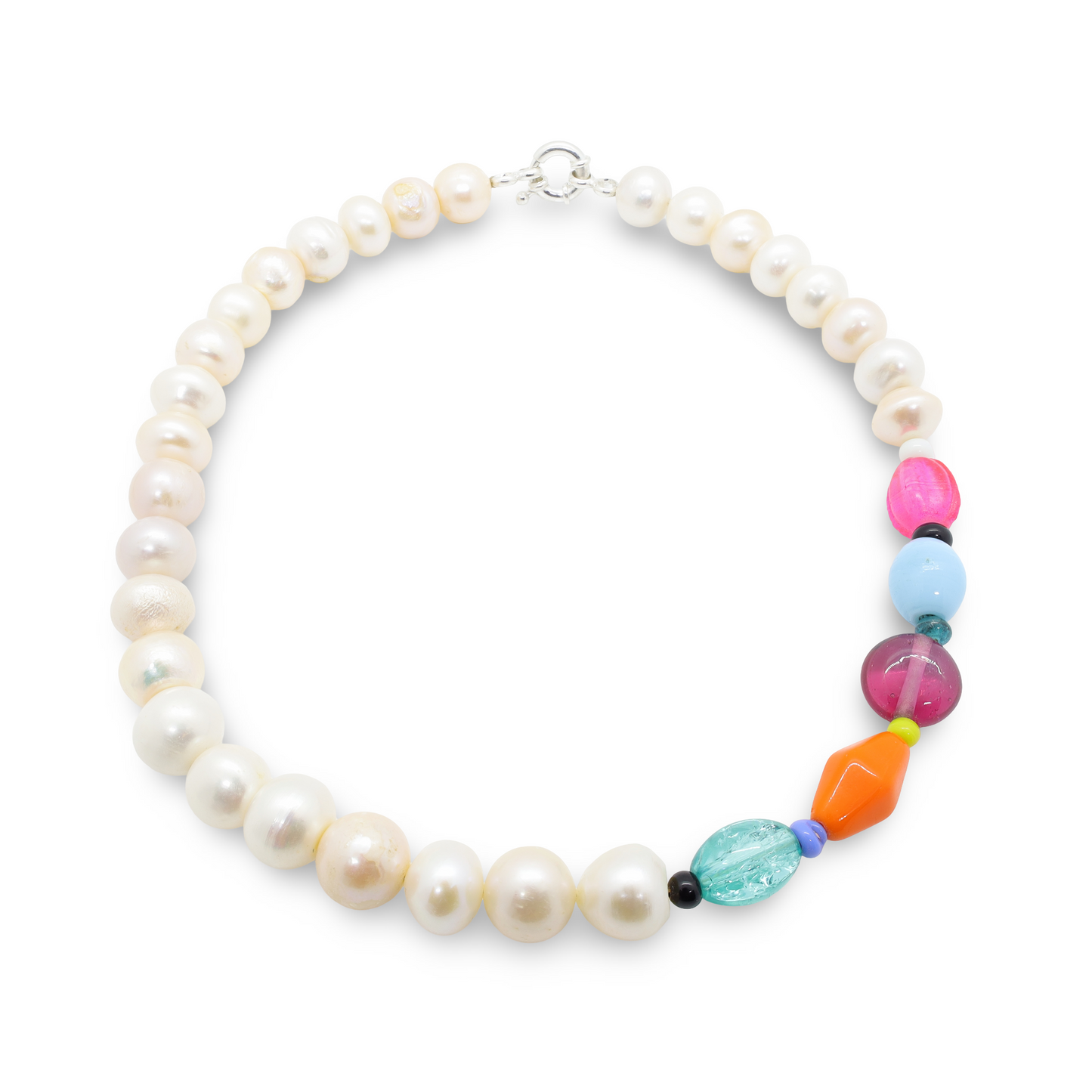 Collier Perles Baroques d’Eau Douce Blanches et Perles en Pâte de Verre Multicolore