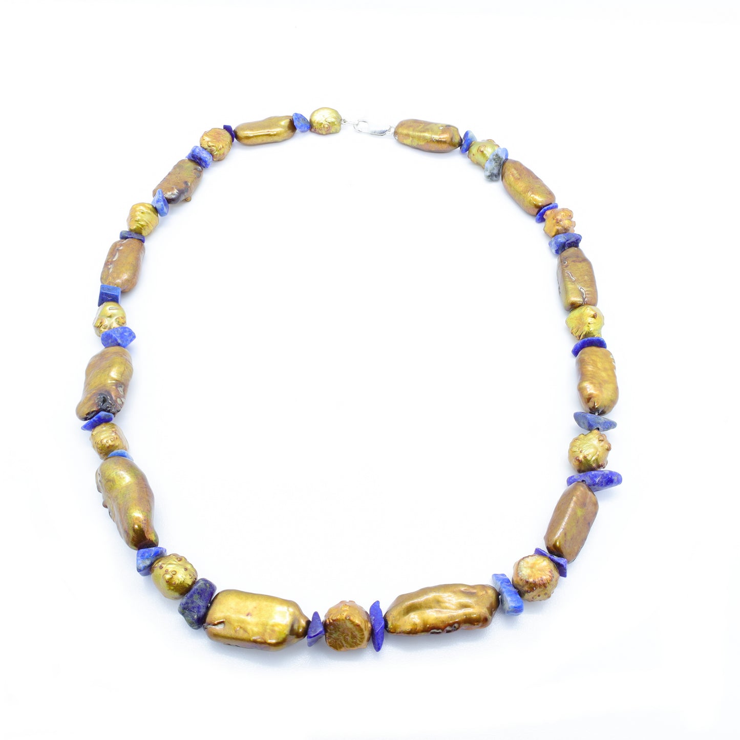 Collier Perles Baroques d'Eau Douce Dorées, Perles en Lapis Lazuli et Fermoir Mousqueton Argent