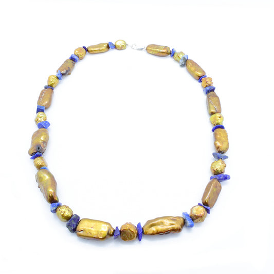 Collier Perles Baroques d'Eau Douce Dorées, Perles en Lapis Lazuli et Fermoir Mousqueton Argent