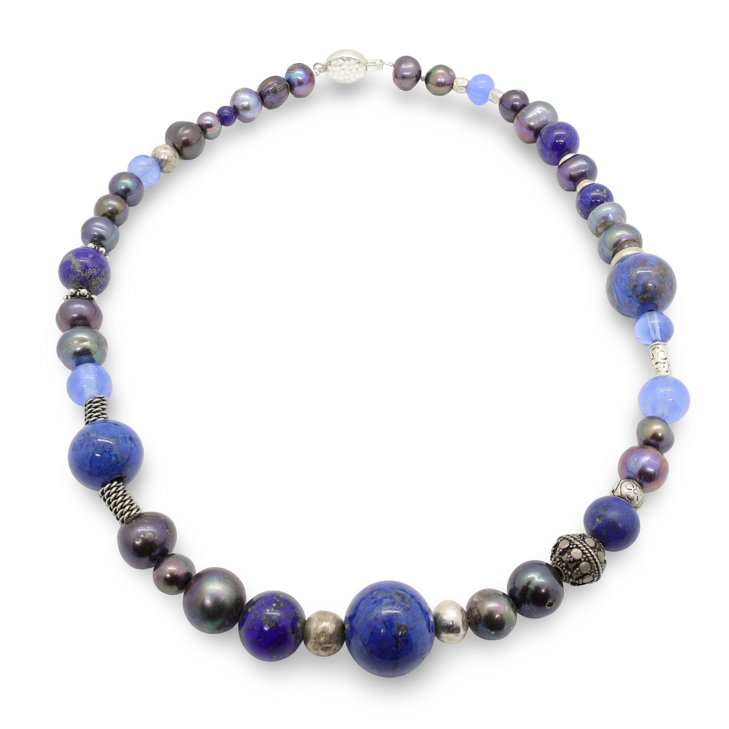 Collier Perles Baroques d'Eau Douce Noires, Lapis-Lazuli, Sodalite, Pâte de verre et Intercalaires Argent