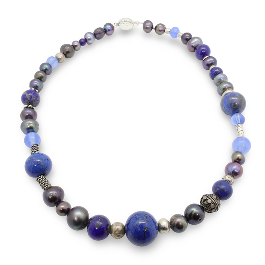 Collier Perles Baroques d'Eau Douce Noires, Lapis-Lazuli, Sodalite, Pâte de verre et Intercalaires Argent