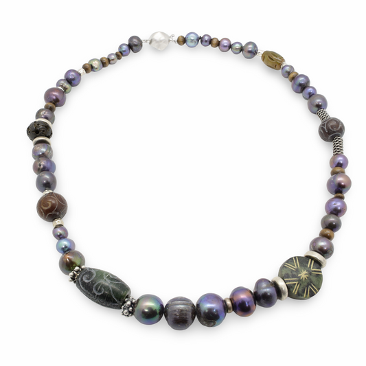 Collier Perles Baroques d'Eau Douce Noires, Perles Bois, Jade et Cornaline, Intercalaires Argent