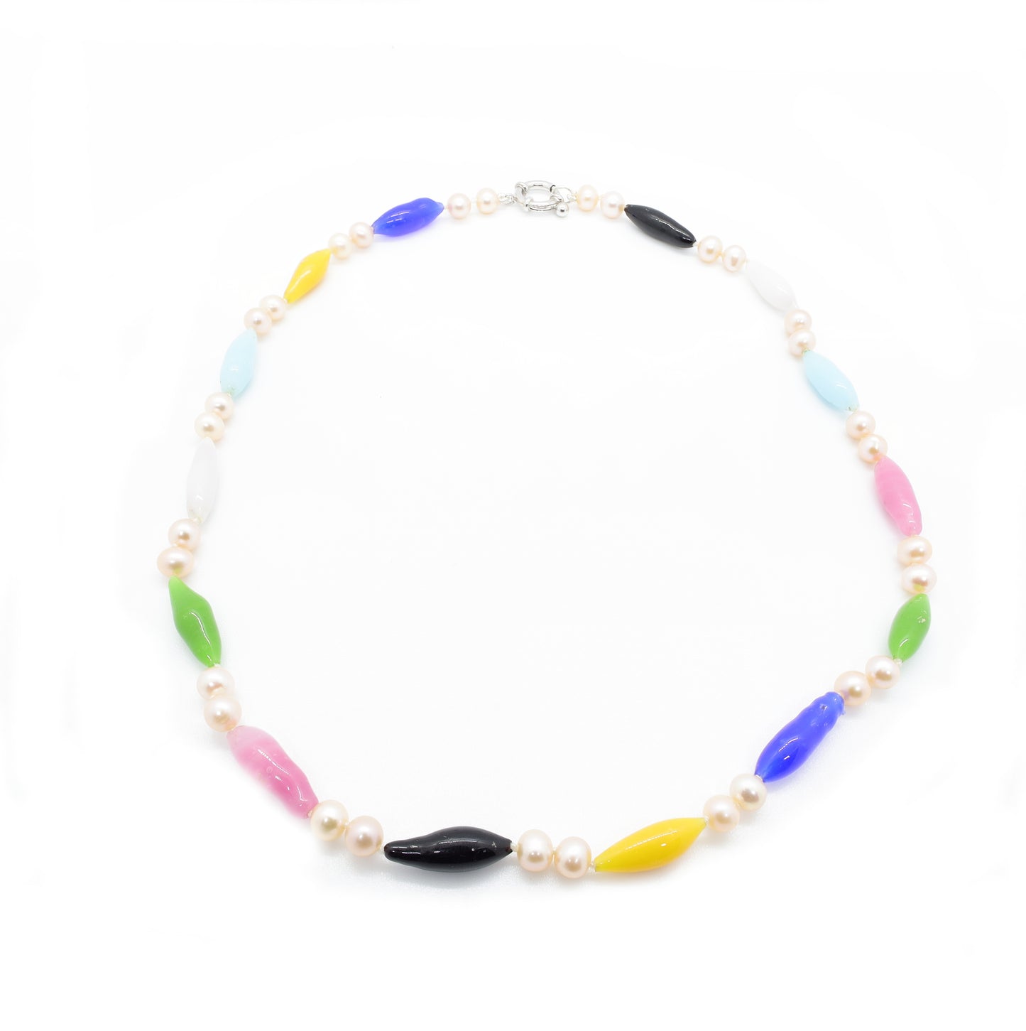 Collier Perles Baroques d'Eau Douce Saumonées et Gouttes en Pâtes de Verre Colorées