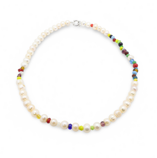 Collier Perles Baroques d’Eau Douce et Perles en Pâte de Verre Multicolore