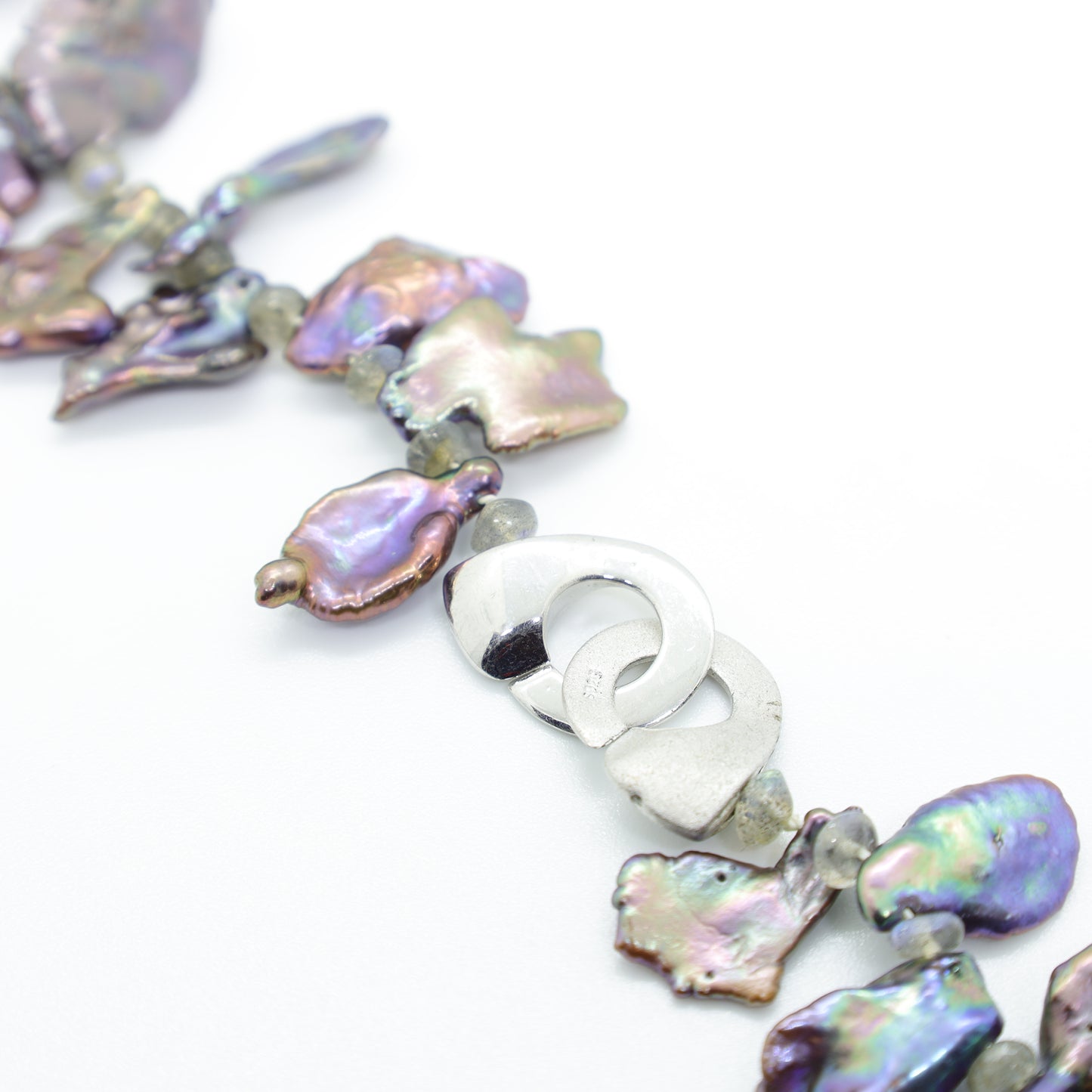 Collier Perles Keshi d'Eau Douce Gris Violine, Perles en Labradorite et Fermoir Argent