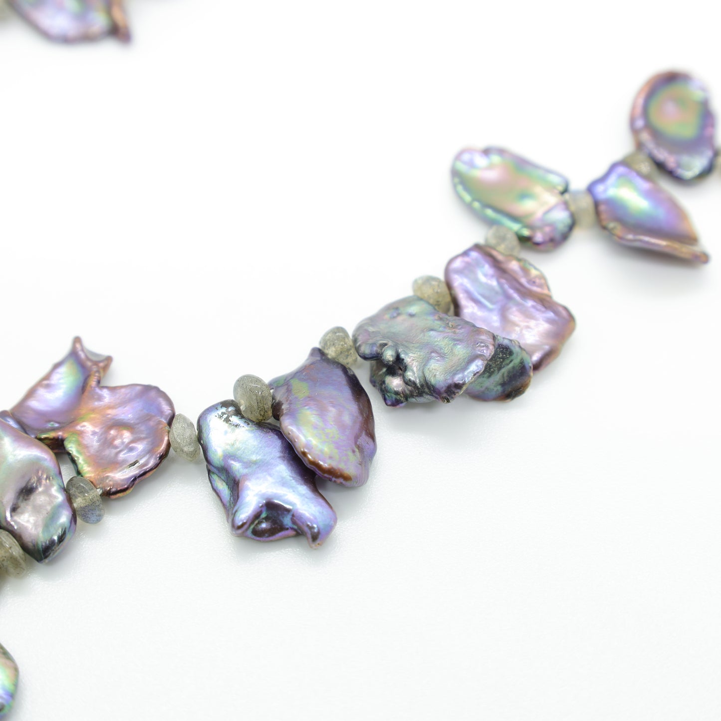 Collier Perles Keshi d'Eau Douce Gris Violine, Perles en Labradorite et Fermoir Argent