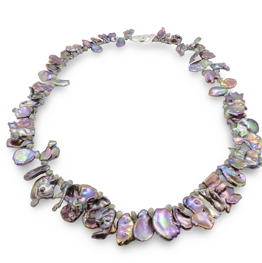 Collier Perles Keshi d'Eau Douce Gris Violine, Perles en Labradorite et Fermoir Argent