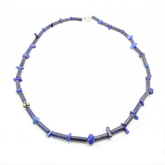 Collier en Lapis-Lazuli, Perles Tubulaires et Baroques et Perle Intercalaire Argent